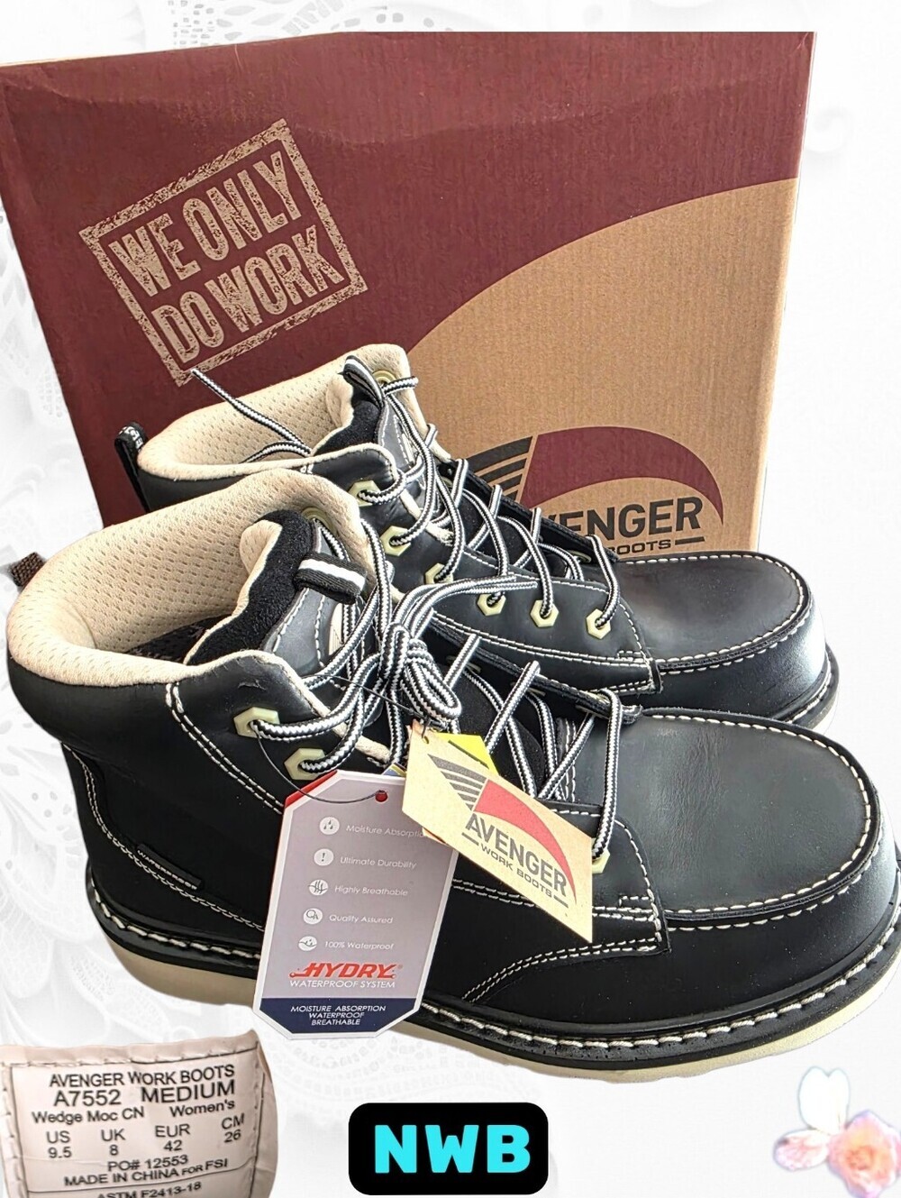 NWB Avenger A7552 Wedge Moc Waterproof Work Boots Steel Toe Womens 9.5 Black
